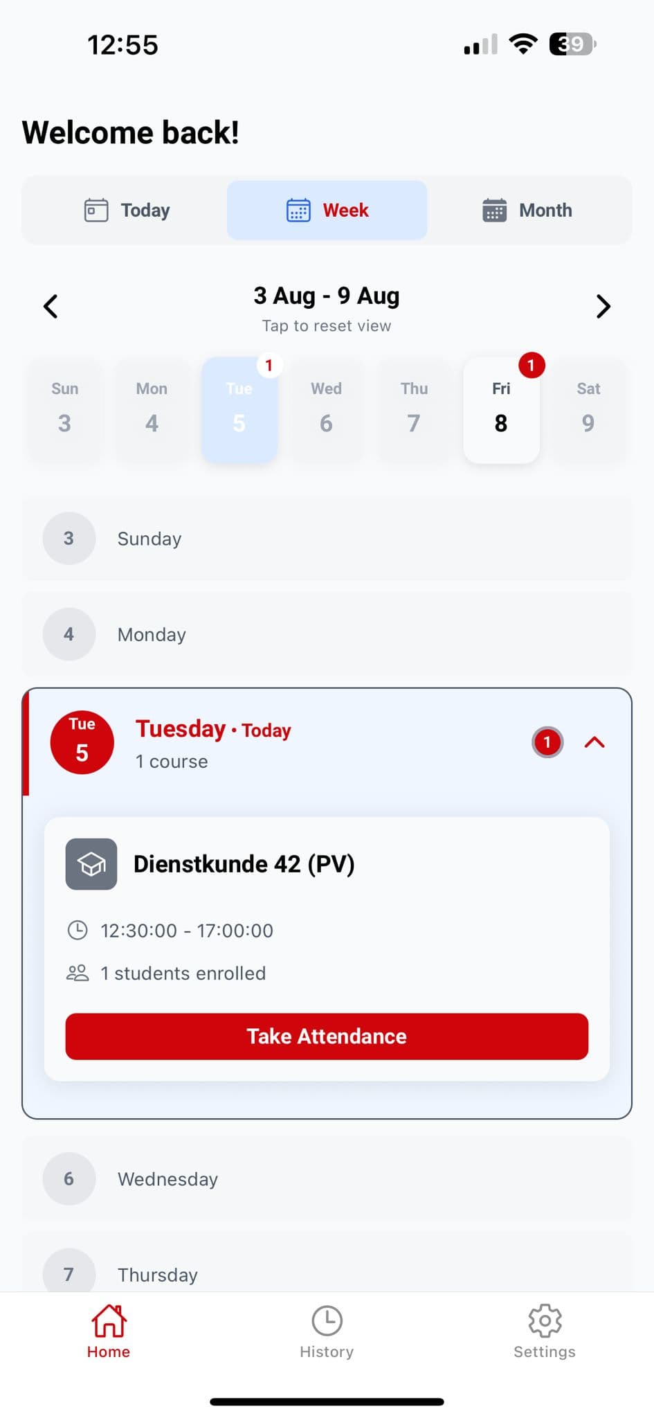 BFS mobile app, weekly schedule with one-tap attendance