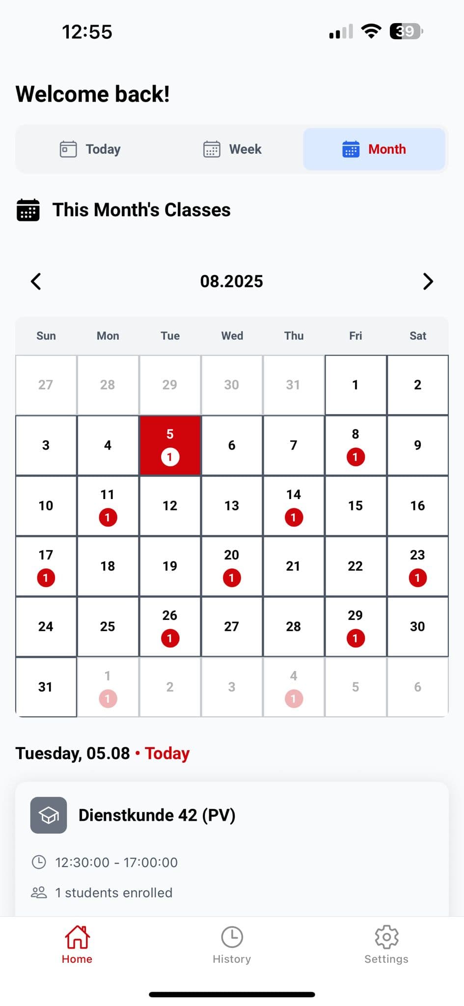 BFS mobile app, monthly class calendar