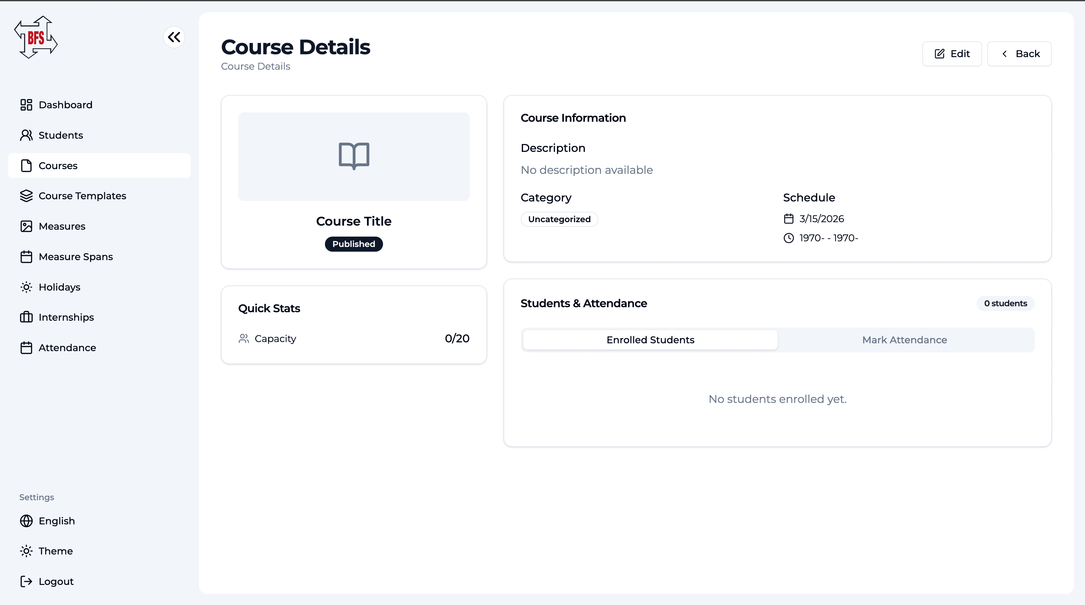 BFS course detail view with category, schedule, capacity, and attendance