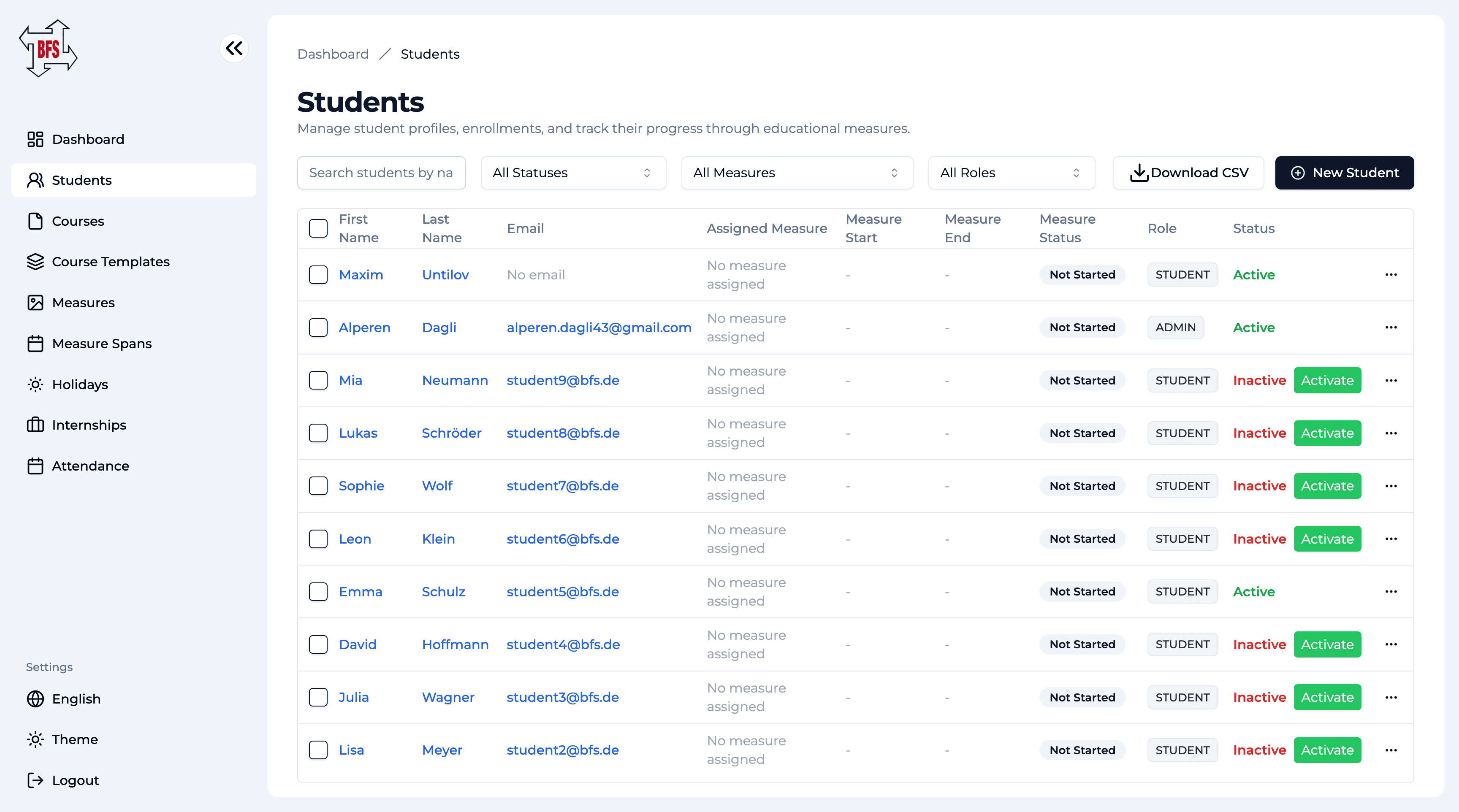 BFS students list with measure assignments, status, and role